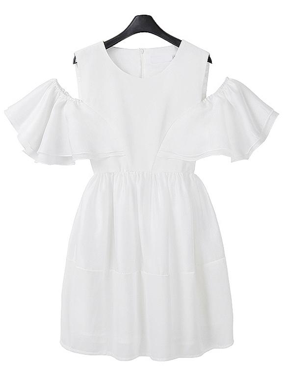 Romwe Open Shoulder Ruffled Sleeve Tiered Dress