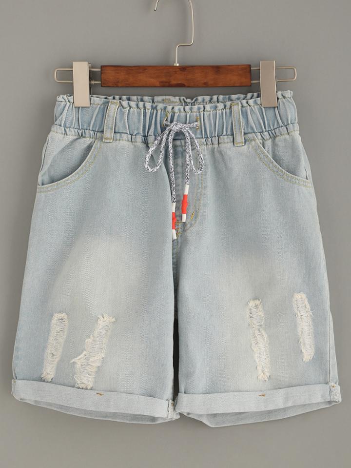 Romwe Pale Blue Cuffed Drawstring Waist Ripped Denim Shorts