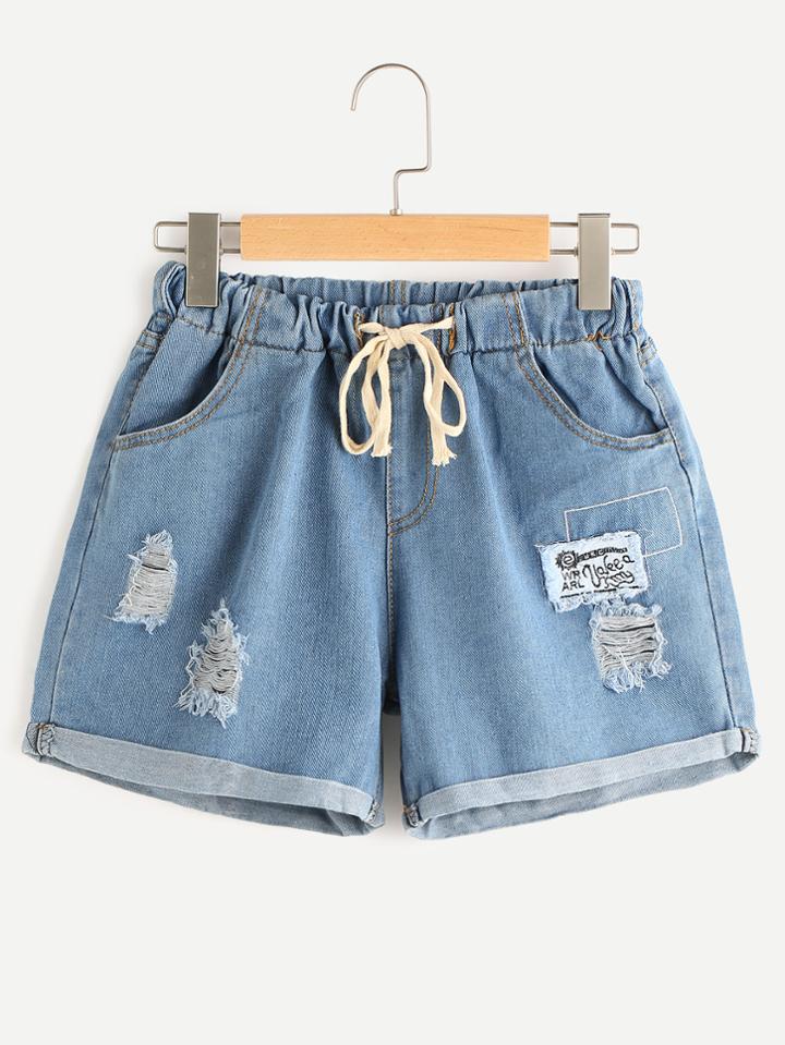 Romwe Ripped Embroidered Drawstring Denim Shorts