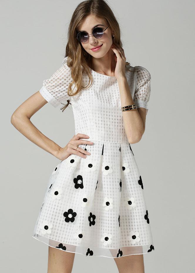 Romwe Flower Print Organza Flare Dress