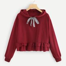 Romwe Plaid Tape Hoodie Ruffle Hem Sweatshirt