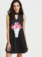 Romwe Black Floral Print Cut Out Front Dress