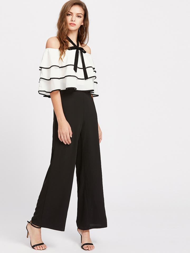 Romwe Contrast Halter And Binding Layered Ruffle Bodice Jumpsuit