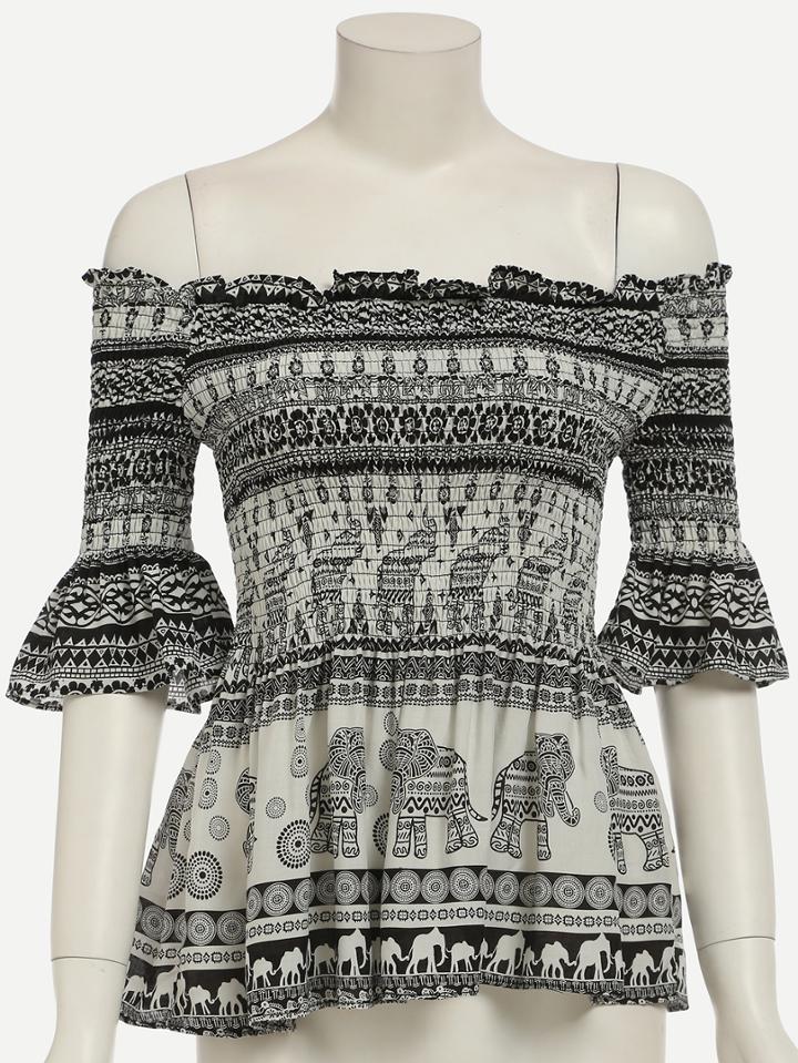 Romwe Off The Shoulder Ruffle Sleeve Tribal Print Blouse