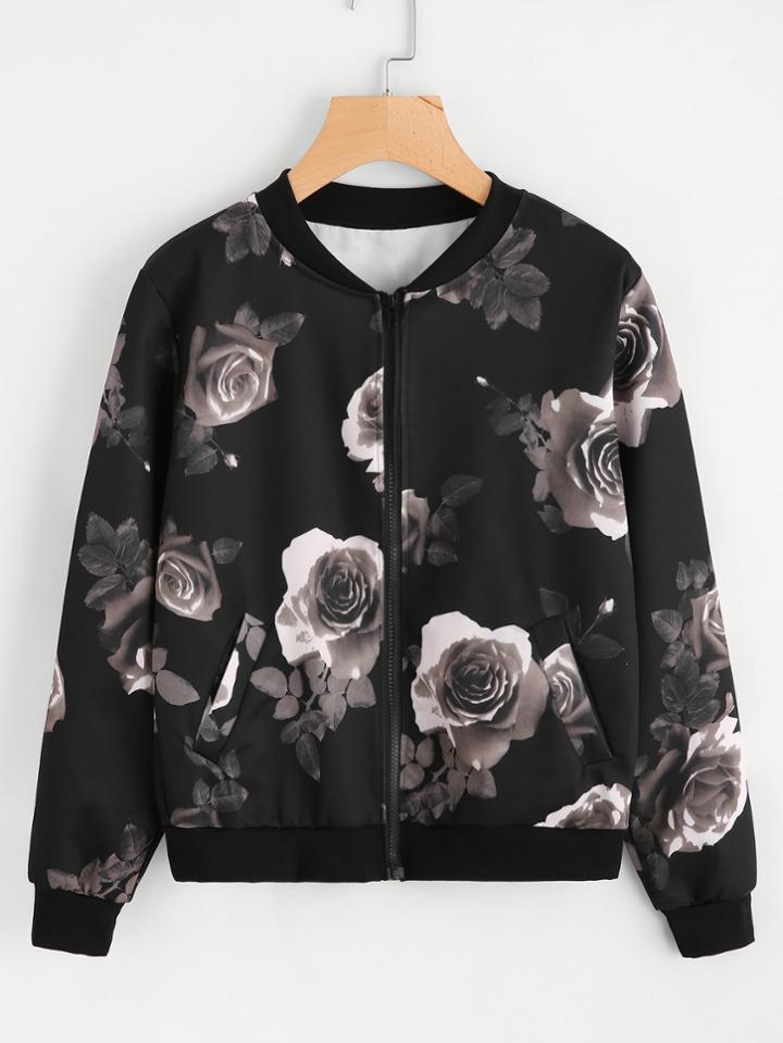 Romwe Random Floral Print Ribbed Trim Jacket
