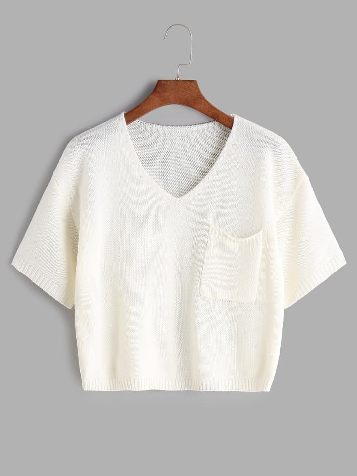Romwe Beige Knit V Neck Pocket Crop T-shirt