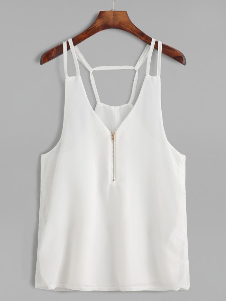 Romwe White V Neck Open Back Zipper Chiffon Cami Top