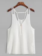 Romwe White V Neck Open Back Zipper Chiffon Cami Top