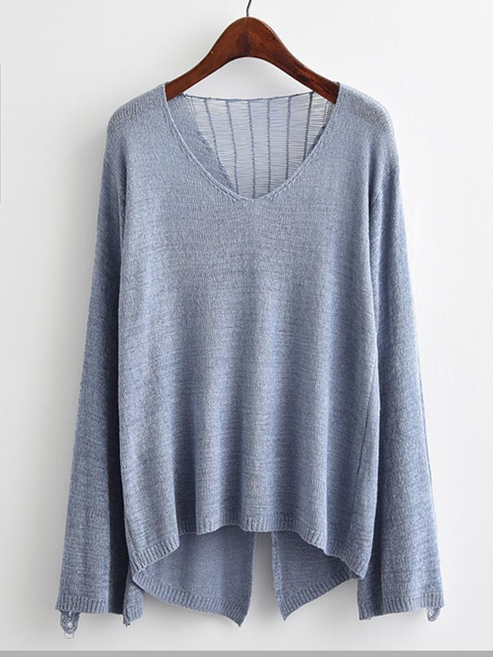Romwe Shredded Back Split Dip Hem Sweater