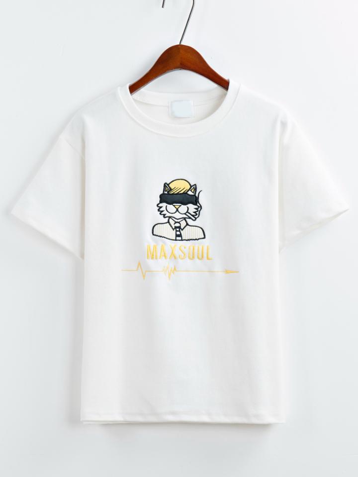 Romwe Cartoon Embroidered White T-shirt