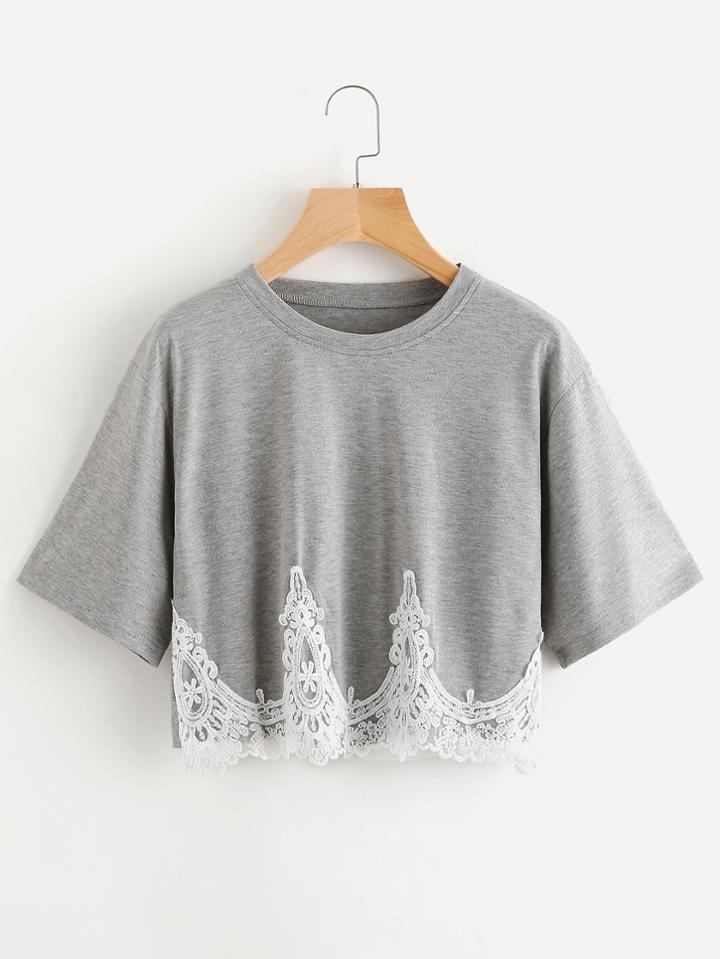 Romwe Contrast Lace Hem Drop Shoulder Tee