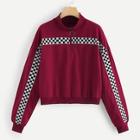 Romwe Plus Quarter Zip Checkerboard Print Sweatshirt