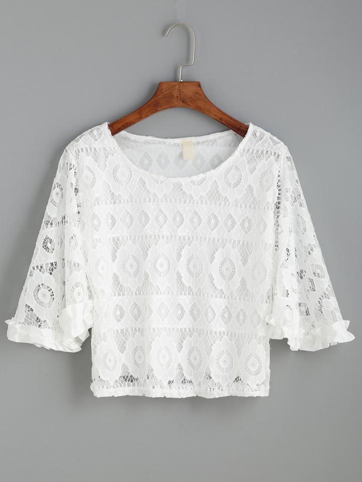 Romwe White Flutter Sleeve Crochet Top