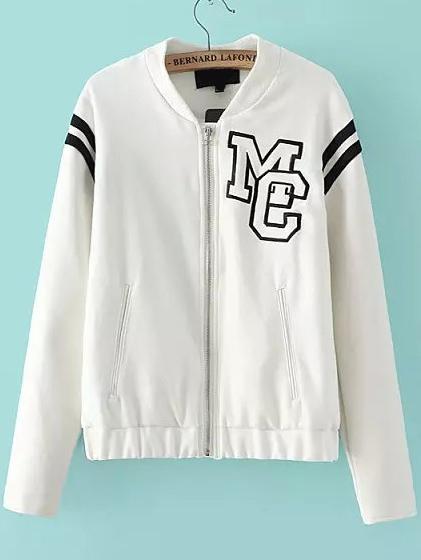 Romwe Stand Collar Embroidered White Jacket
