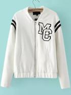 Romwe Stand Collar Embroidered White Jacket
