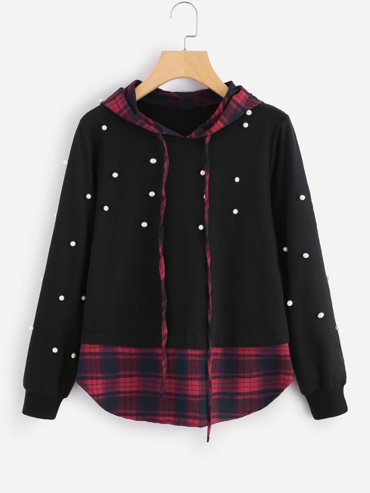 Romwe Pearl Beaded Checked 2 In 1 Hoodie
