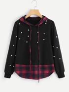 Romwe Pearl Beaded Checked 2 In 1 Hoodie
