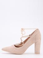 Romwe Faux Suede Lace-up Pointed Toe Heels - Apricot