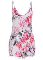 Romwe V Neck Leaves Print Red Romper