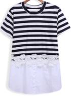 Romwe Striped With Lace Contrast Hem T-shirt
