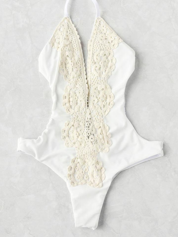 Romwe Lace Crochet Deep V Neck Monokini