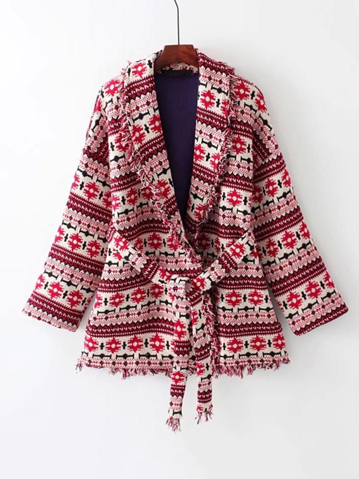 Romwe Frayed Edge Shawl Collar Self Tie Coat