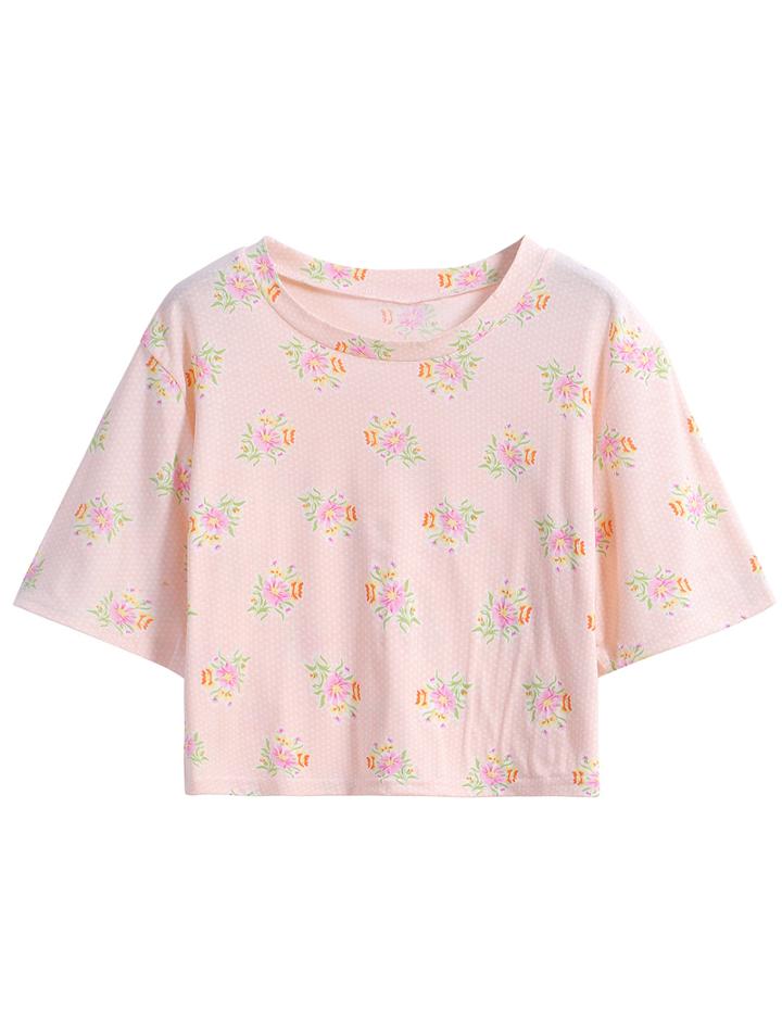 Romwe Floral Polka Dot Crop Orange T-shirt