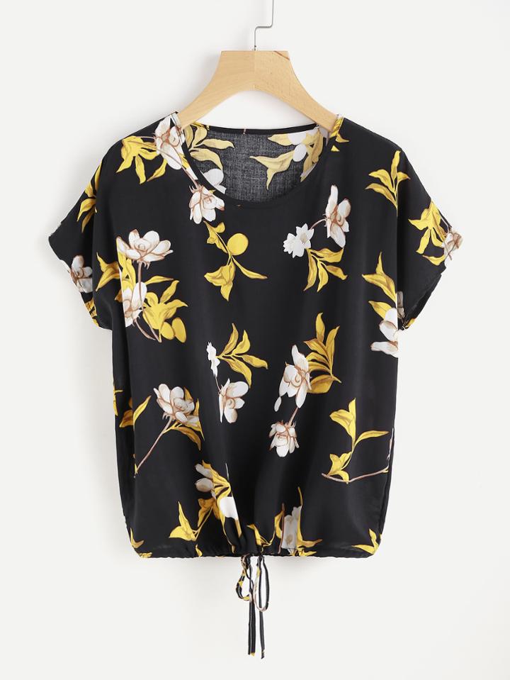 Romwe Florals Dolman Sleeve Drawstring Top