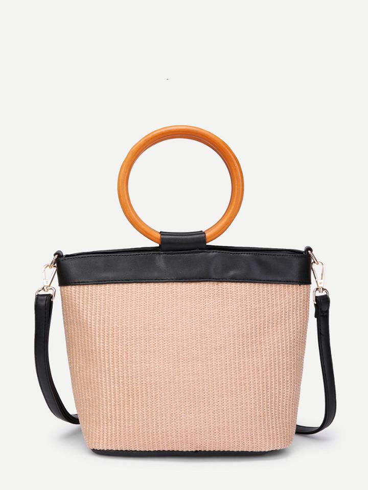 Romwe Weave Shoulder Bag With Wood Handle