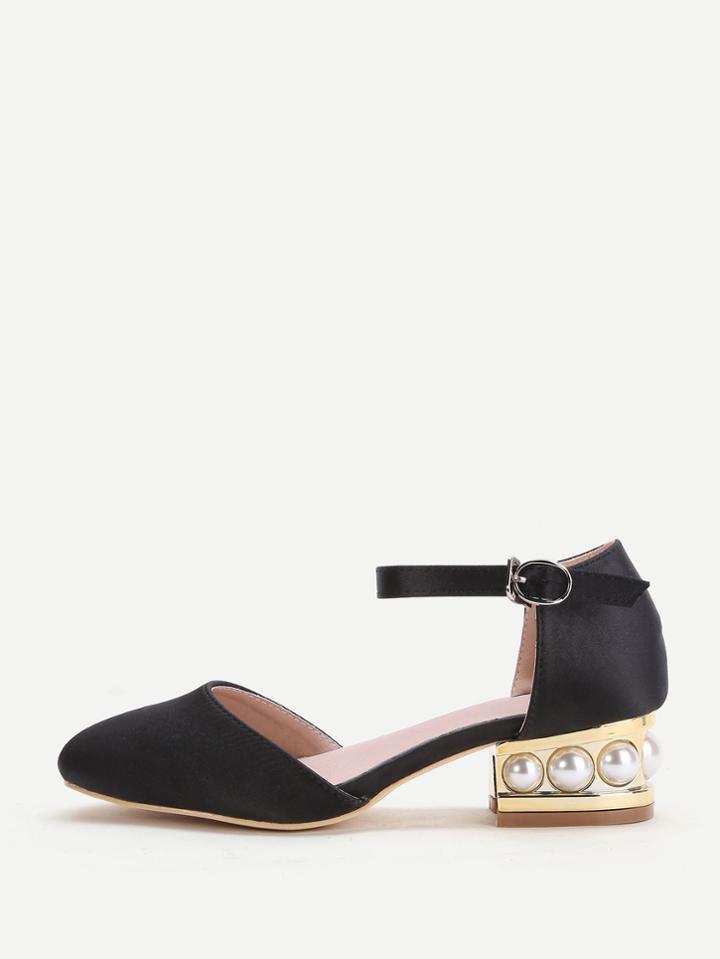Romwe Black Point Toe Ankle Strap Satin Chunky Heeled Shoes
