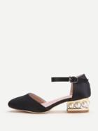 Romwe Black Point Toe Ankle Strap Satin Chunky Heeled Shoes