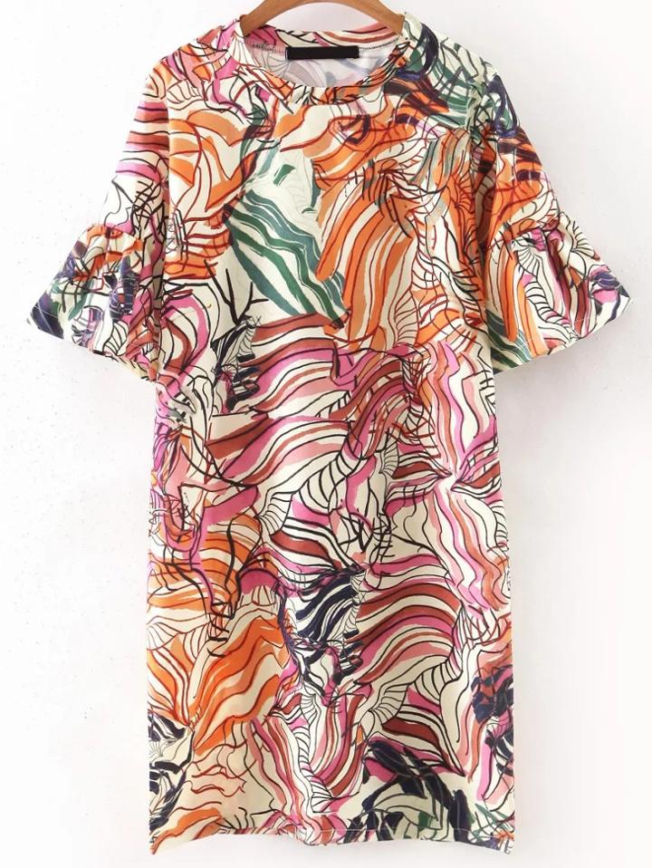 Romwe Bell Sleeve Floral Knee Length Dress