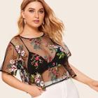 Romwe Plus Floral Embroidery Sheer Mesh Tee