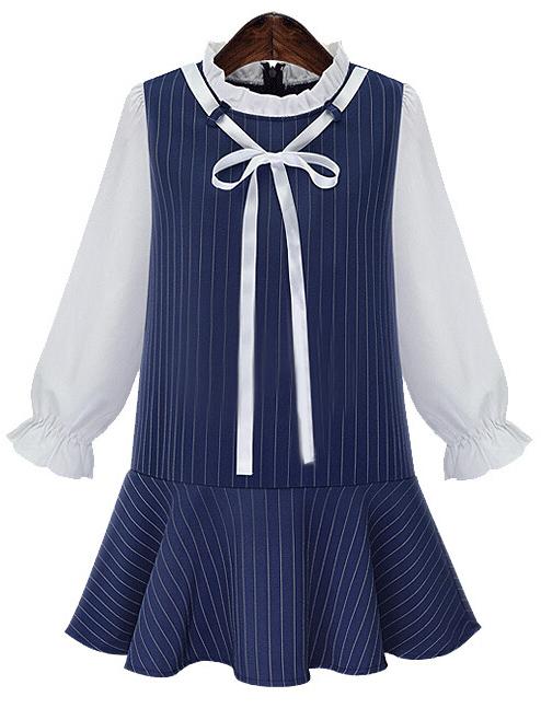 Romwe Contrast Sleeve Vertical Striped Peplum Hem Bow Dress