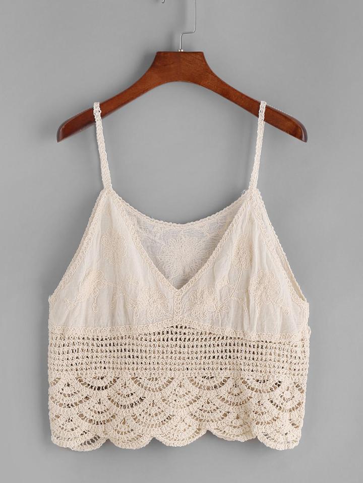 Romwe Apricot V Neck Scallop Crochet Applique Cami Top