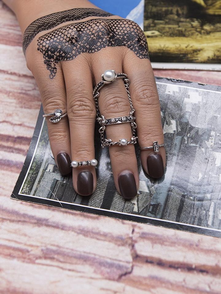 Romwe Leaf & Faux Pearl Decorated Ring Set