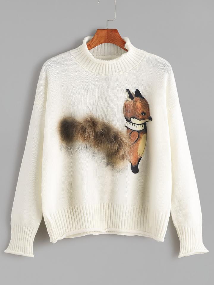 Romwe Ivory Drop Shoulder Fox Patch Faux Fur Embellished Sweater
