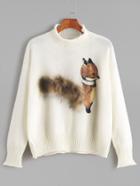 Romwe Ivory Drop Shoulder Fox Patch Faux Fur Embellished Sweater