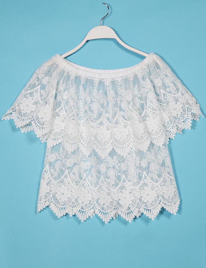 Romwe Embroidery Sheer Lace Layered Off The Shoulder Top
