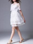 Romwe White V Neck Gauze Embroidered Sheer Dress