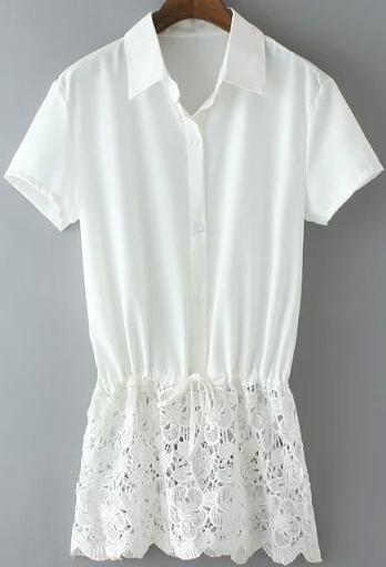 Romwe Lapel Lace Hem White Blouse