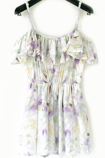 Romwe Spaghetti Strap Ruffle Florals Chiffon Purple Dress