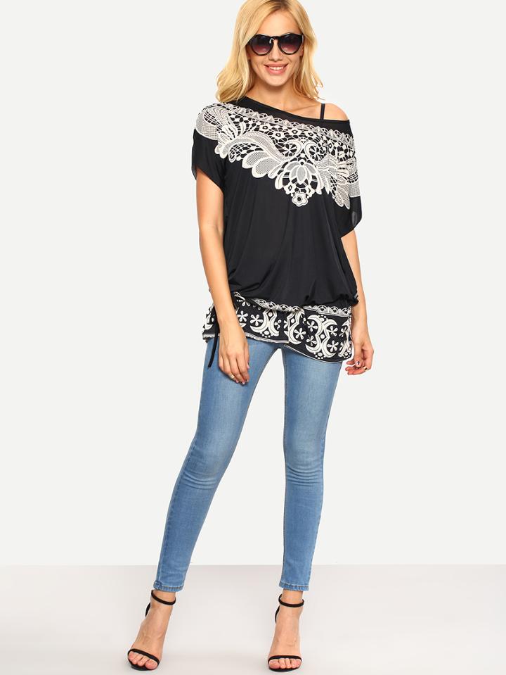 Romwe Black Vintage Print Loose T-shirt