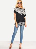 Romwe Black Vintage Print Loose T-shirt