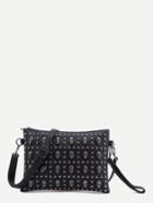 Romwe Black Metal Skull Pebbled Pu Studded Crossbody Bag