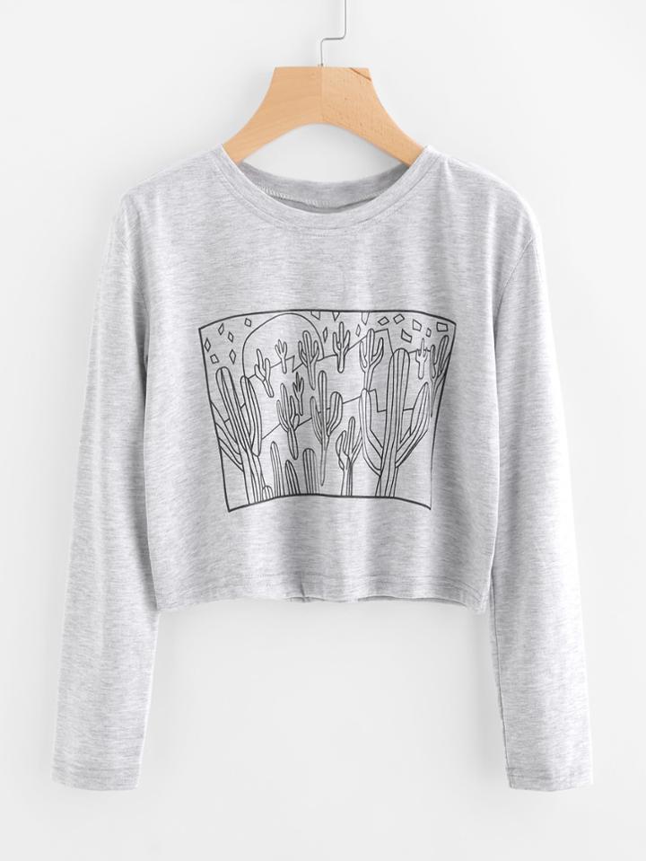 Romwe Cactus Print Marled Tee