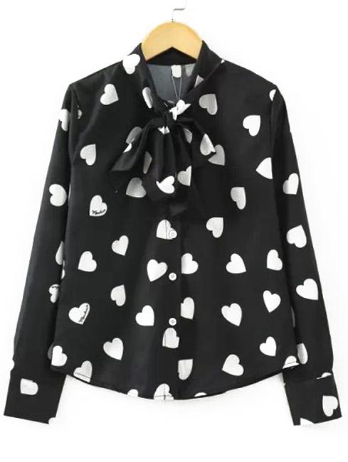 Romwe Black Tie Neck Hearts Print Blouse