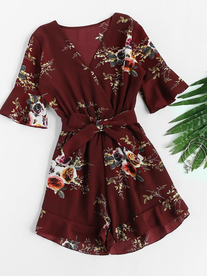 Romwe Frill Flare Hem Bow Tie Surplice Romper