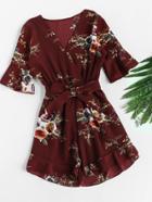 Romwe Frill Flare Hem Bow Tie Surplice Romper