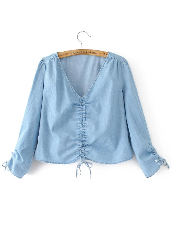 Romwe Drawstring Detail Denim Blouse